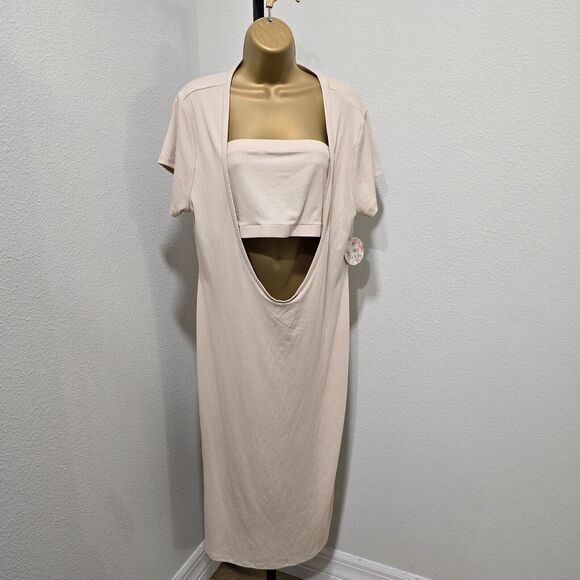 Jolie Joy Midi Dress Womens 3X Plus Beige Bodycon 2 Piece Bandeau Ribbed Stretch - Picture 5 of 8